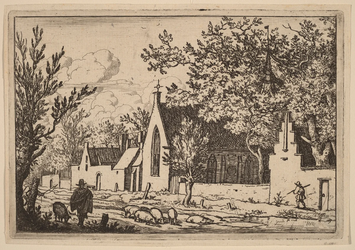 Swine Herd near a Chapel by Allart van Everdingen, print, 1645-1656