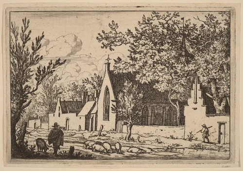 Swine Herd near a Chapel by Allart van Everdingen, print, 1645-1656