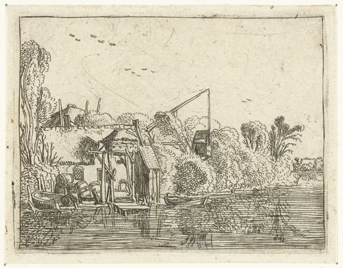 Brouwerij aan de oever van een rivier by Esaias van de Velde, print, 1614