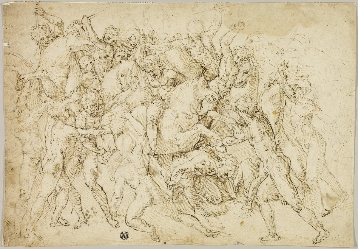 Battle between Cavalry and Foot Soldiers by Girolamo Genga, drawing, 1580-1599