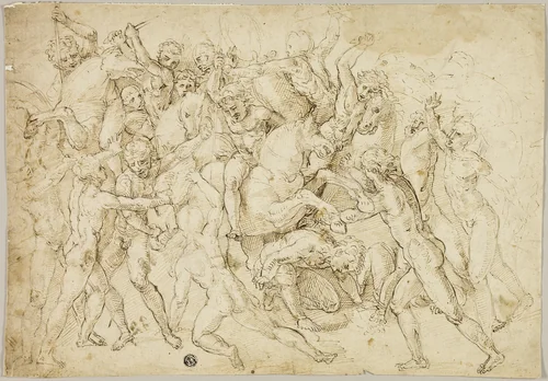 Battle between Cavalry and Foot Soldiers by Girolamo Genga, drawing, 1580-1599