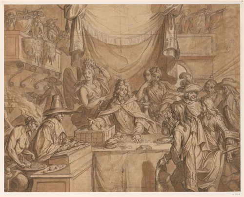 Study for an engraving: "Almanac pour l'an de Bissexte M.DC.XCII: La Lotterie Chimerique d'Augsbourg où chacun met du sien sans proffit"[sic] by anonymous, drawing, 1675-1699