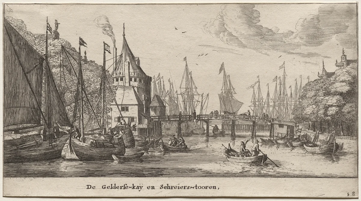Various Ships and Views of Amsterdam (Verscheÿde Schepen en Gesichten van Amstelredam), Part II: The Geldersche Quai and Schreiers Tower by Clement de Jonghe, print, 1652-1654