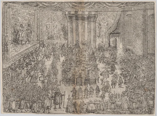 The Princely Meal (Die Fürstliche Mahlzeit), from a series depicting the wedding of Wolfgang Wilhelm, Duke of Pfalz-Neuberg, Pfalzgraf, and Magdalena, Duchess of Bavaria, in Munich, 1613 (Plate 7) by Wilhelm Peter Zimmermann, print, 1614