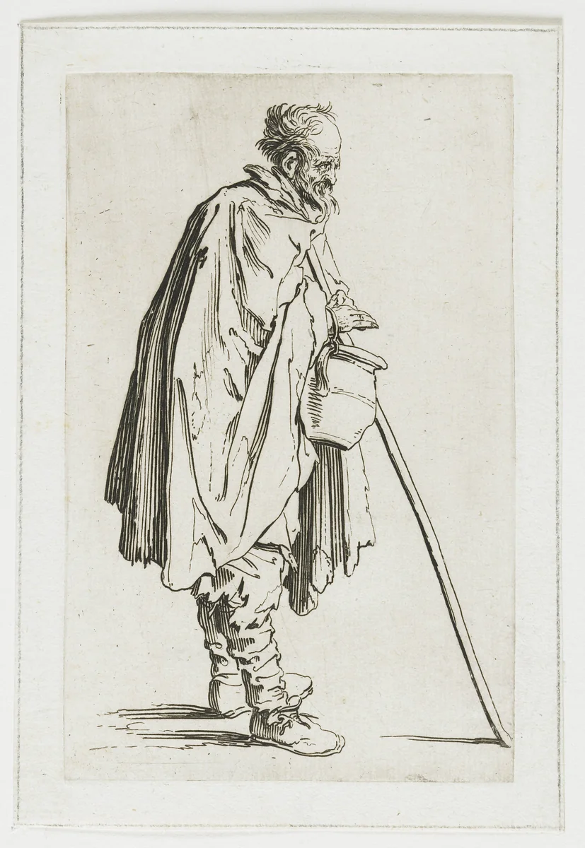 Bedelaar met een kruik en een stok by Jacques Callot, print, 1622-1623