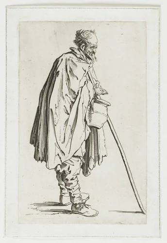 Bedelaar met een kruik en een stok by Jacques Callot, print, 1622-1623