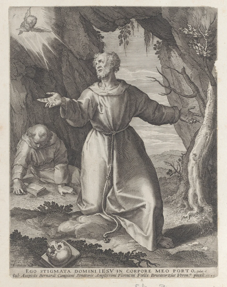 Saint Francis kneeling with his arms outstretched, looking towards a cherub at upper left by Raphael Sadeler I, print, 1599