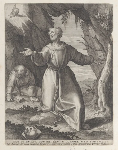 Saint Francis kneeling with his arms outstretched, looking towards a cherub at upper left by Raphael Sadeler I, print, 1599