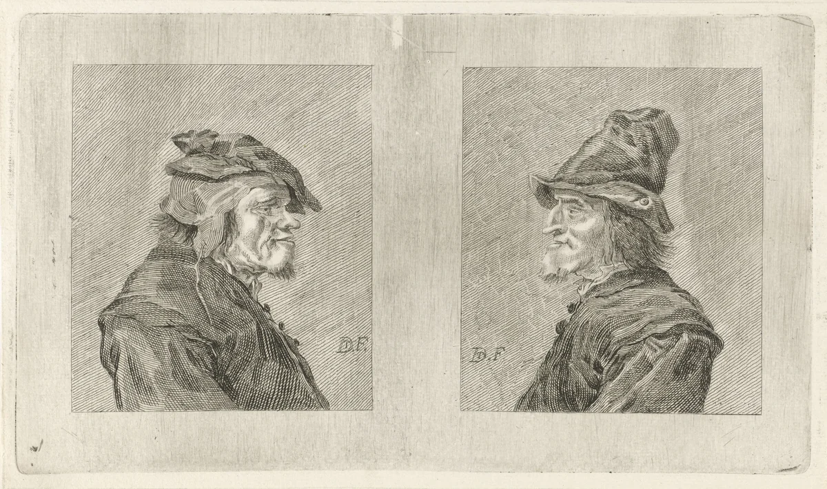 Twee boerenkoppen by Pieter de Mare, print, 1768-1796