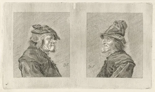 Twee boerenkoppen by Pieter de Mare, print, 1768-1796
