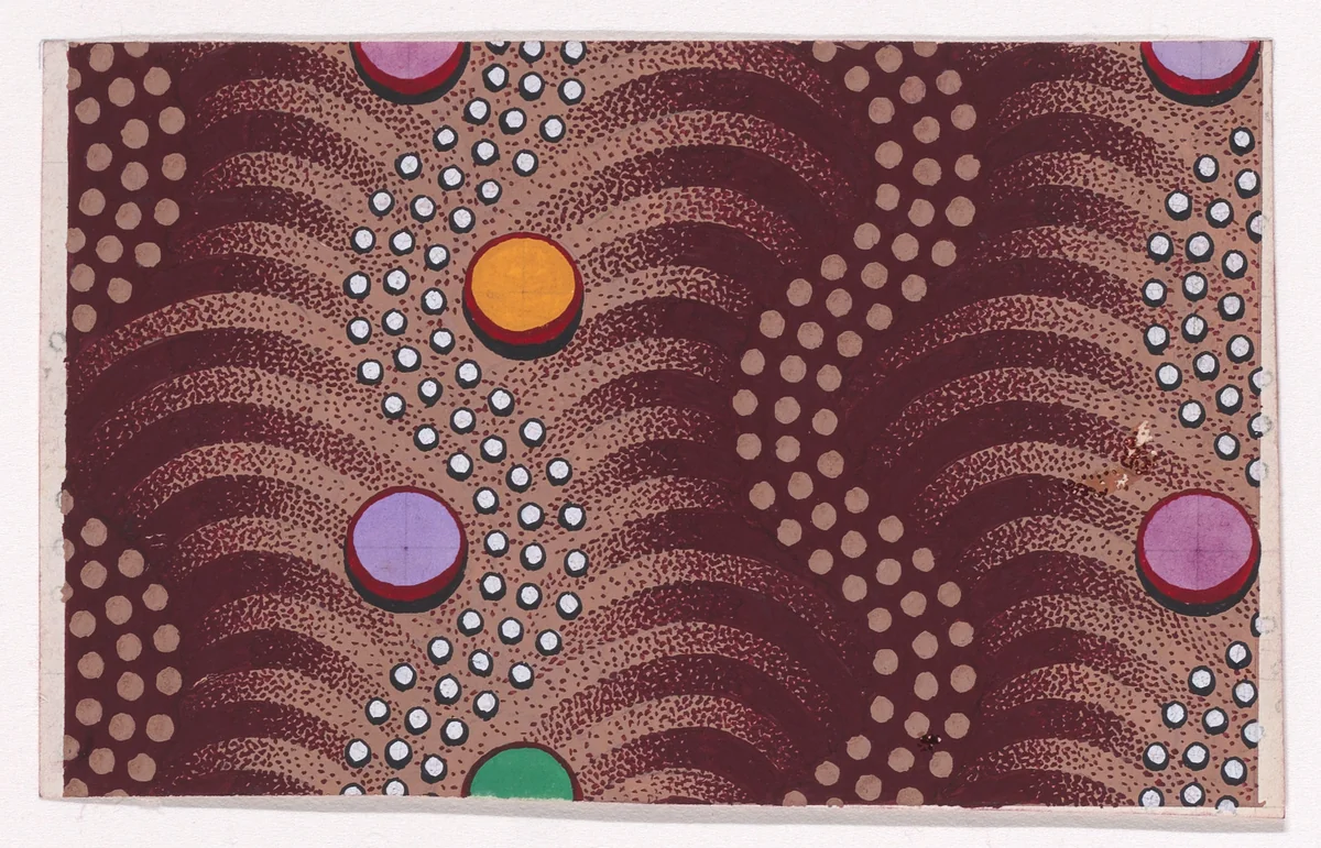 Textile Design with Vertical Undulating Garlands of Pearls with Alternatig Larger Pearls Separated by Undulating Garlands of Dots with Offsetting Stylized Palm Leaves by anonymous, drawing, 1840