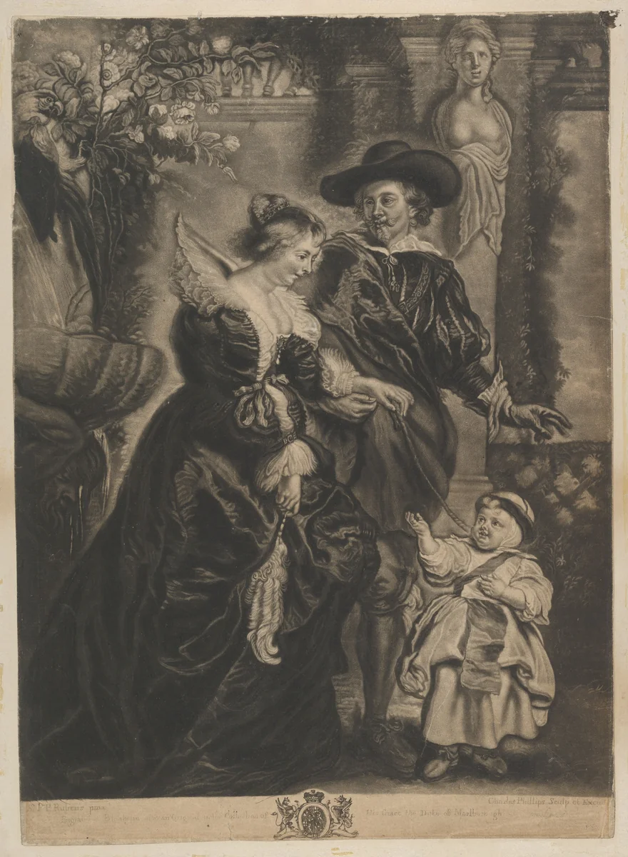 Rubens, his wife Helena Fourment, and their Child by Charles Phillips, print, 1765-1775
