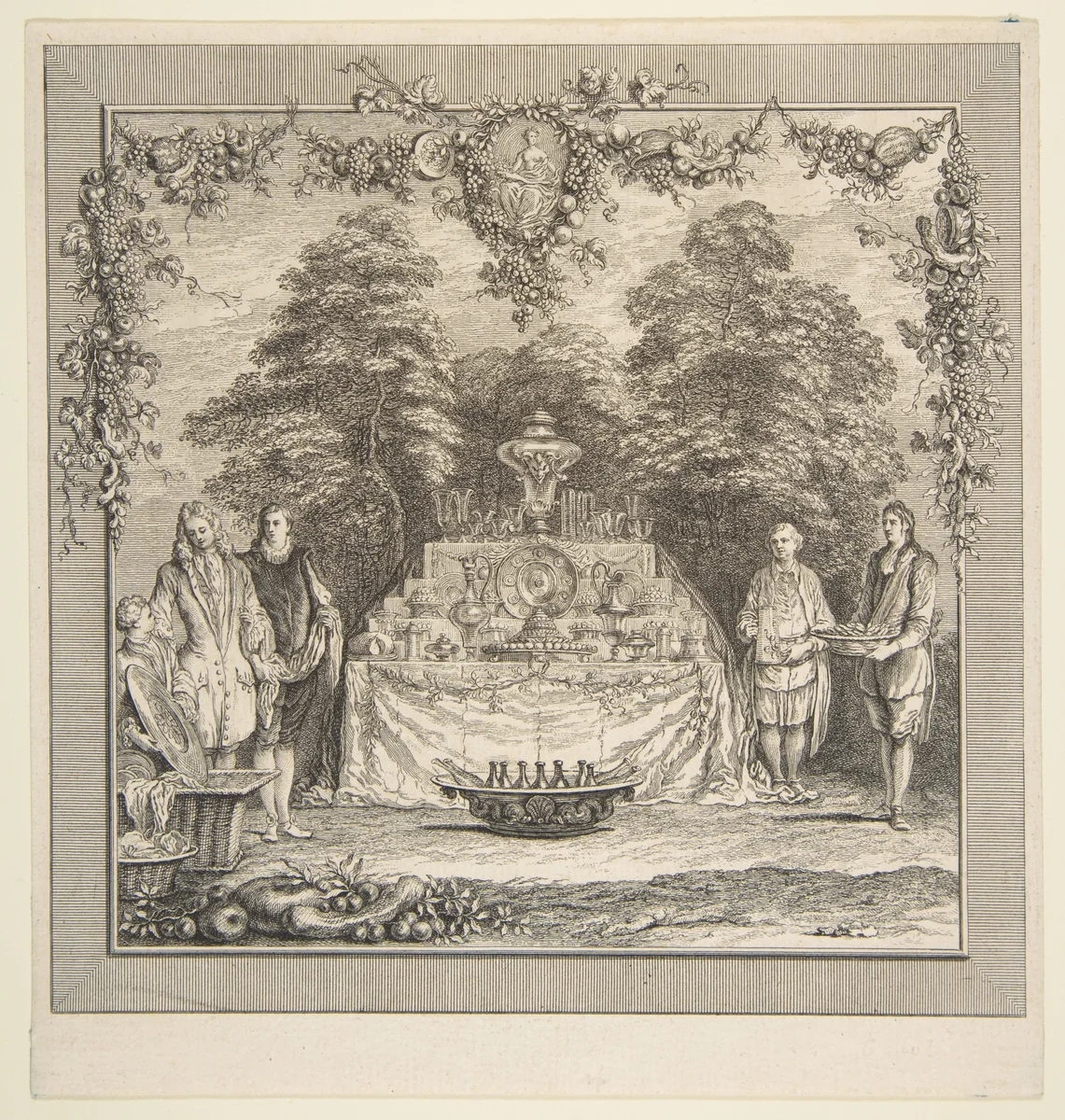 La Colation preparee dans un jardin by Claude Gillot, print, 1673-1754