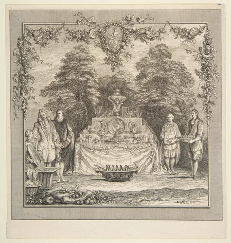 La Colation preparee dans un jardin by Claude Gillot, print, 1673-1754
