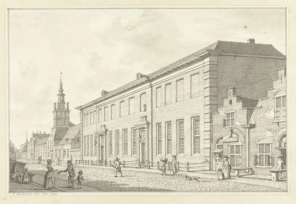 Het Dolhuis, Gasthuis en Oudevrouwenhuis te Rotterdam by Jan Bulthuis, drawing, 1790