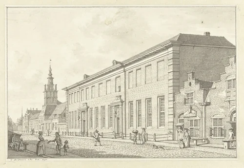 Het Dolhuis, Gasthuis en Oudevrouwenhuis te Rotterdam by Jan Bulthuis, drawing, 1790