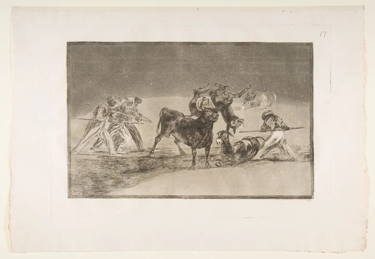 Plate 17 of "La Tauromaquia": The Moors use donkeys as a barrier to defend themselves against the bull whose horns have been tipped with balls by Goya, print, 1816