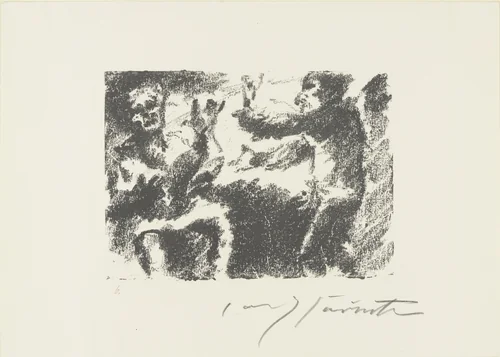 Heading for Act 4: Karl Moor and Kosinsky on Horseback by Count Moor's Castle (Kopfstück Zum 4. Akt: Karl Moor und Kosinsky zu Pferde vor der Burg des Grafen Moor) from The Robbers (Die Räuber) by Lovis Corinth, print, 1923