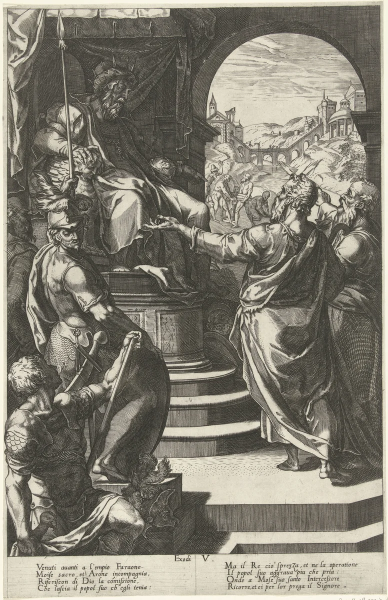 Mozes en Aaron voor de farao by anonymous, print, 1567-1625