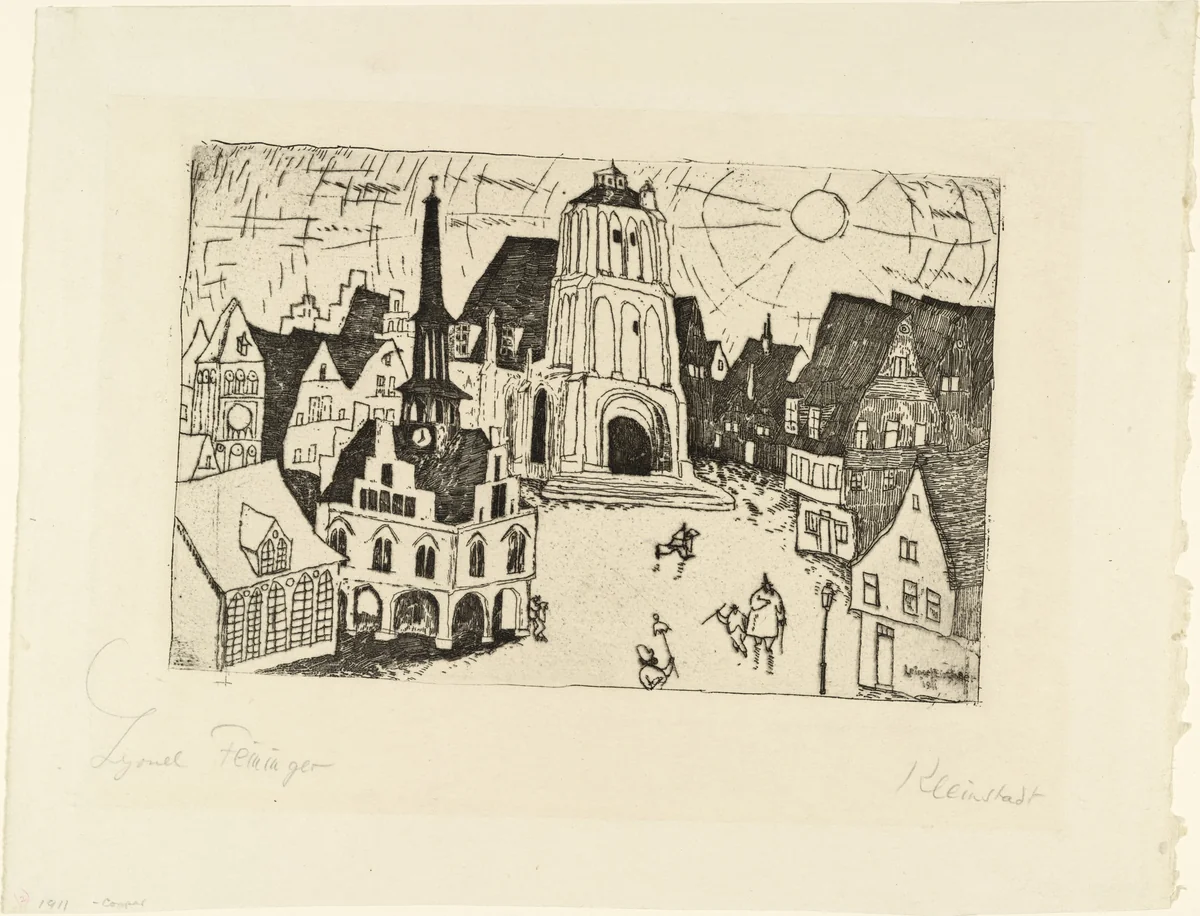 Sunrise (Sonnenaufgang) for the portfolio Dedicated to Arno Holz on the Occasion of his 60th Birthday by German Artists (Arno Holz zum sechzigsten Geburtstag gewidmet von deutschen Künstlern) by Lyonel Feininger, print, 1911