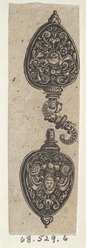 Design for a Brooch with Two Heart-Shaped Pieces by Theodor de Bry, print, 1580-1600