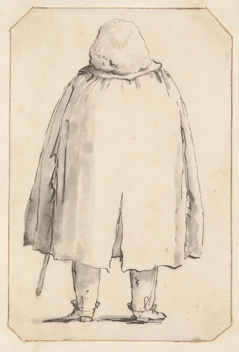 Caricature of a Man in a Voluminous Cloak, Carrying a Walking Stick, Seen from Behind by Giovanni Battista Tiepolo, drawing, 1755-1765