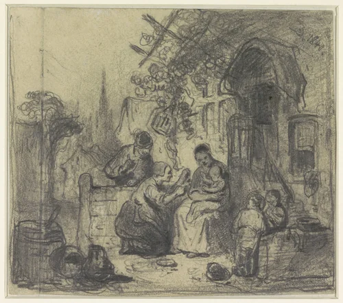 Gezin zittend buiten voor het huis by Eugène François de Block, drawing, 1840