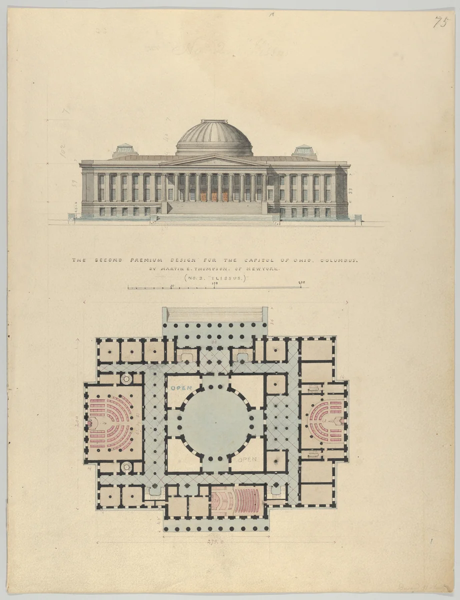 The Second Premium Design for the Capitol of Ohio, Columbus by Alexander Jackson Davis, drawing, 1834-1844