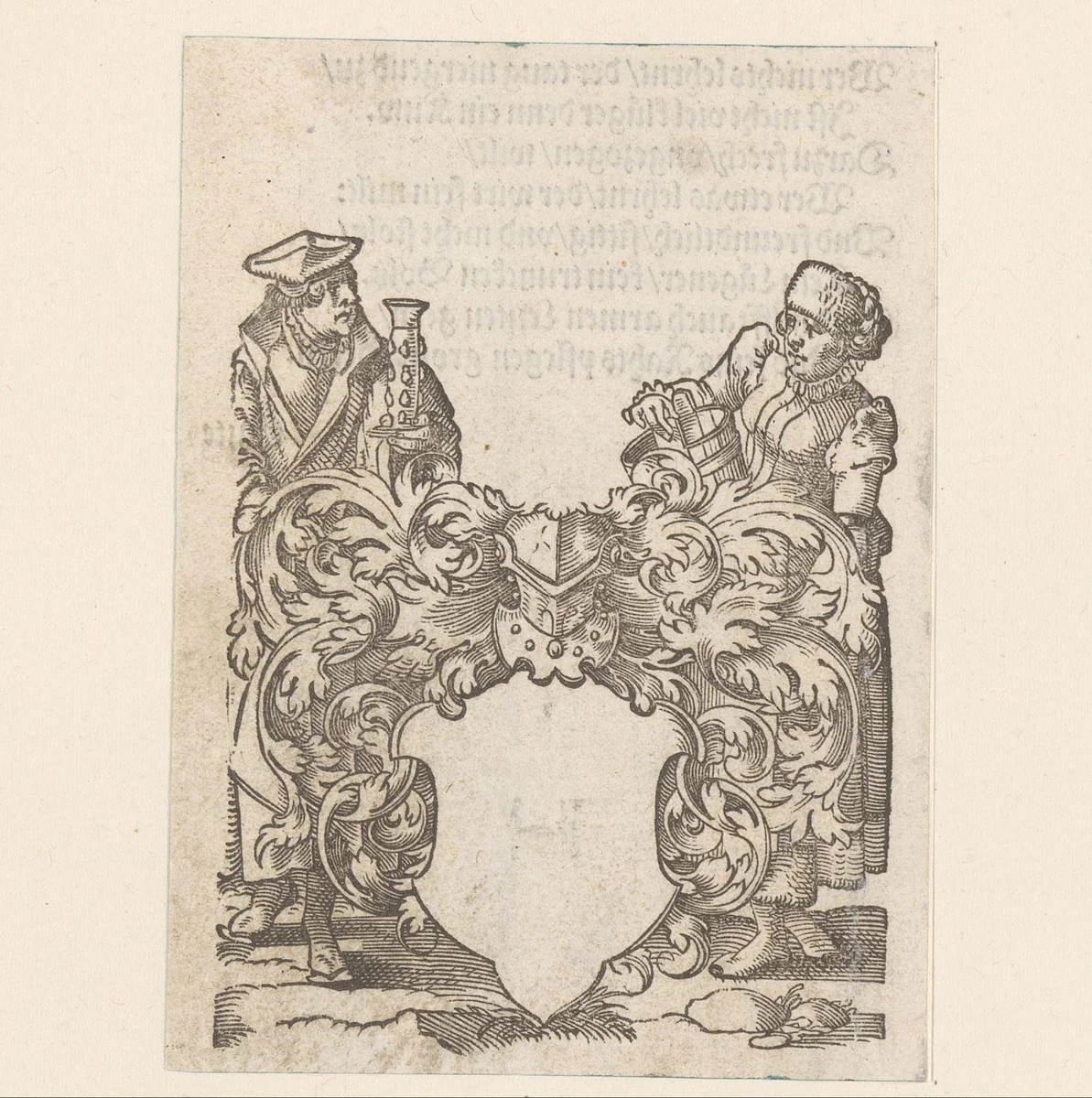 Leeg wapenschild met een geleerde met glas en een vrouw met emmer als schildhouders by anonymous, print, 1579