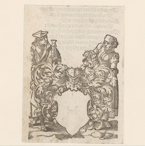 Leeg wapenschild met een geleerde met glas en een vrouw met emmer als schildhouders by anonymous, print, 1579