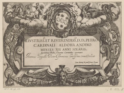 Cartouche met opdracht aan kardinaal Pietro Aldobrandini, Apollo en Diana by Antonio Tempesta, print, 1599