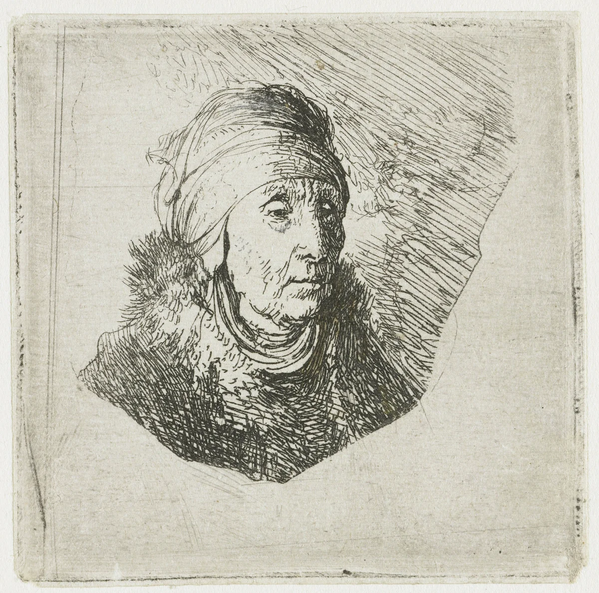 Woman with a high headdress wrapped around the chin: bust by Rembrandt van Rijn, print, 1630