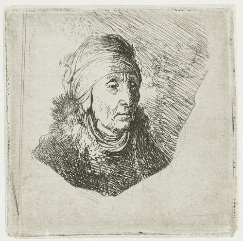 Woman with a high headdress wrapped around the chin: bust by Rembrandt van Rijn, print, 1630