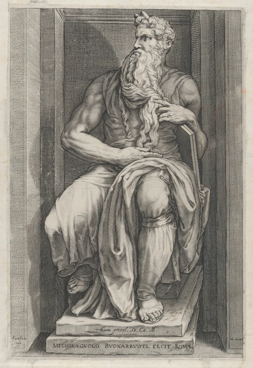 Moses, after the sculpture by Michelangelo, from "Speculum Romanae Magnificentiae" by Jacob Matham, print, 1530-1580