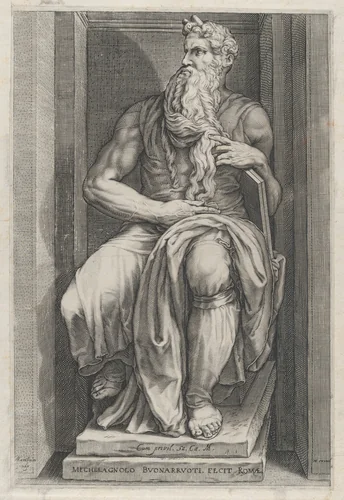 Moses, after the sculpture by Michelangelo, from "Speculum Romanae Magnificentiae" by Jacob Matham, print, 1530-1580