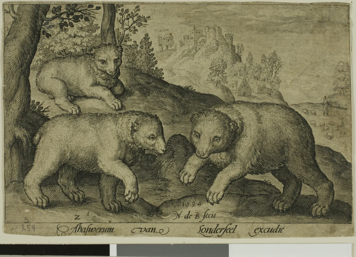 Three Bears, plate ten from Four-Legged Animals by Nicolaes de Bruyn, print, 1594