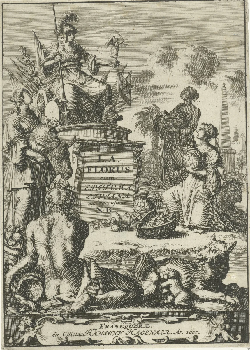 Rome omringd door Europa, Afrika en Azië by Jan Luyken, print, 1690