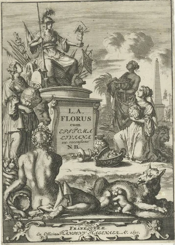 Rome omringd door Europa, Afrika en Azië by Jan Luyken, print, 1690