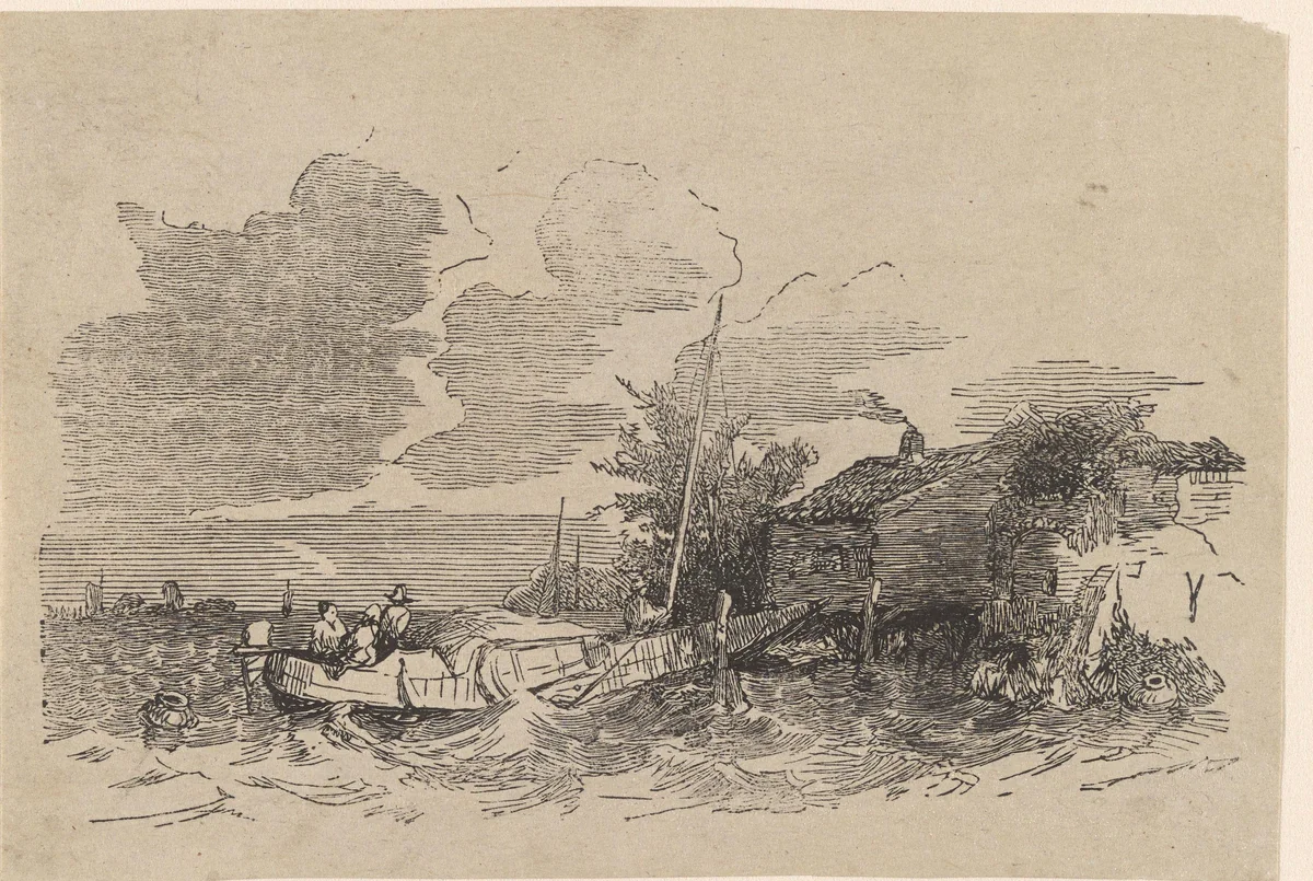 Rivierlandschap met drie figuren in een schip en een huis aan het water by Isaac Weissenbruch, print, 1836-1912