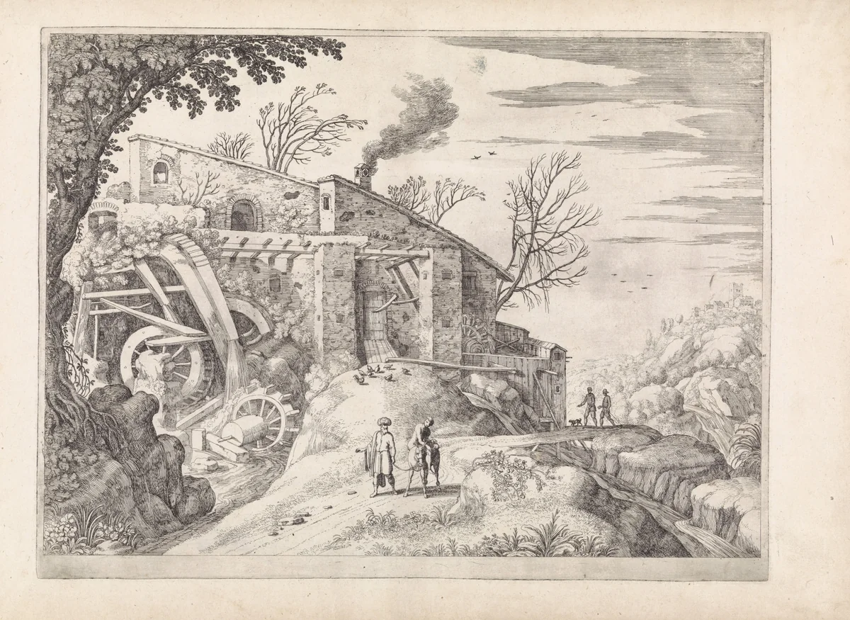 Landschap met een watermolen en de barmhartige Samaritaan by Guilliam van Nieulandt, print, 1594-1635