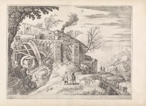 Landschap met een watermolen en de barmhartige Samaritaan by Guilliam van Nieulandt, print, 1594-1635