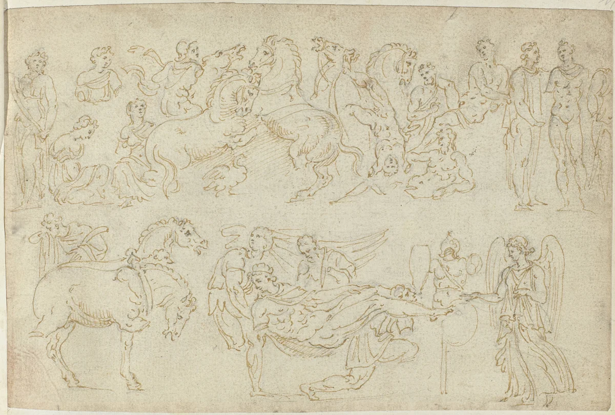 Voorstellingen van sarcofagen en een altaar by anonymous, drawing, 1550-1570