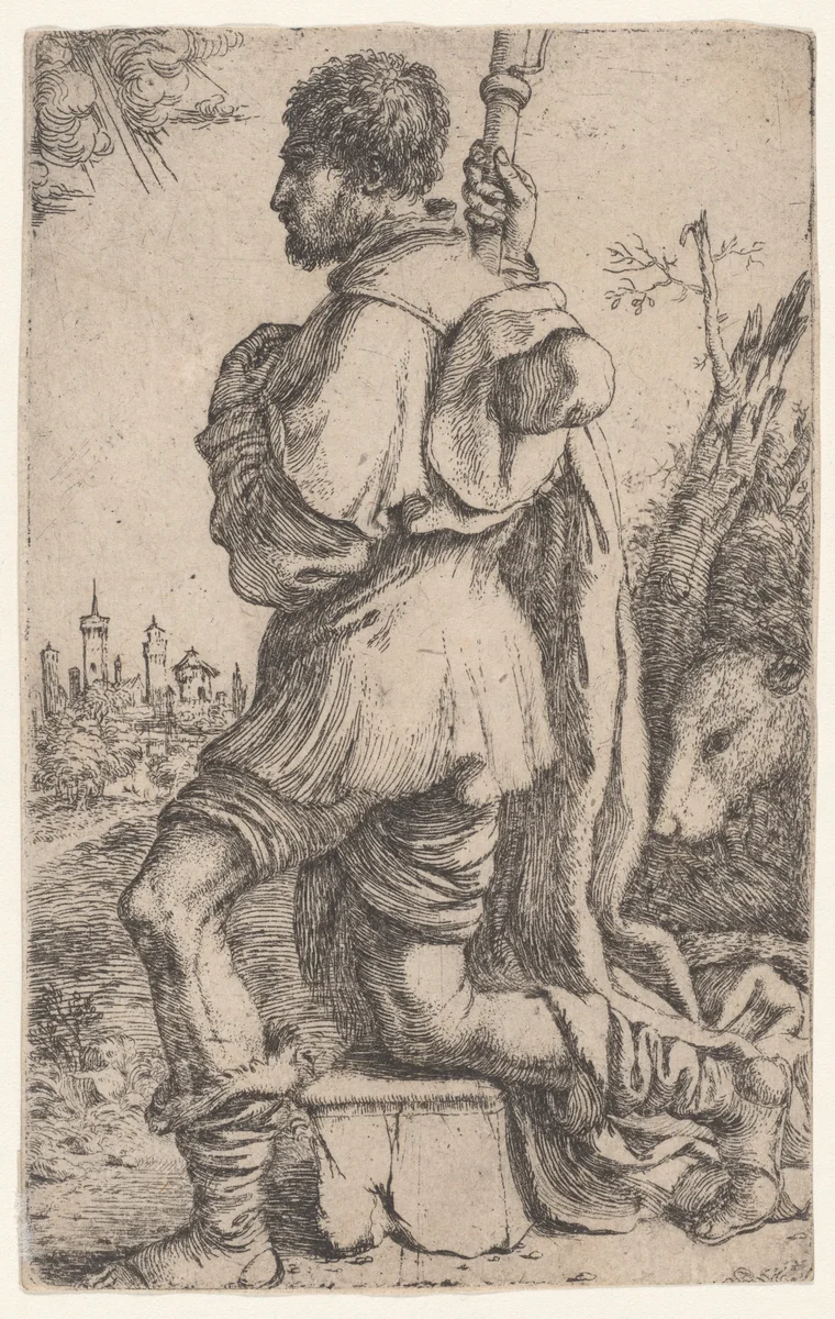 Saint Roch, kneeling on a stone, seen from the side with his dog behind him and a townscape in the background at left by Giuseppe Caletti, print, 1620-1630