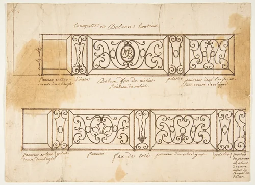 Two Designs for Iron Balconies by anonymous, drawing, 1800-1899