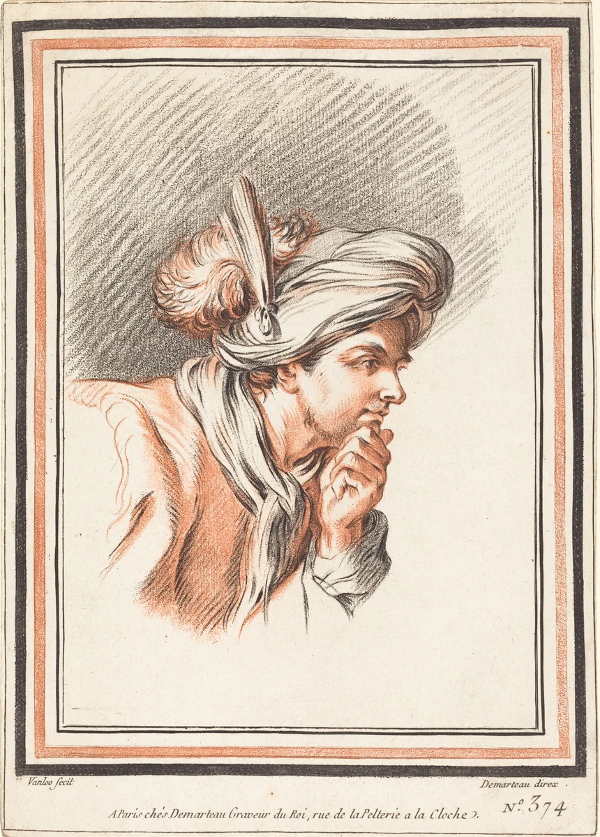 Head of a Man Wearing a Plumed Turban by Gilles Demarteau the Elder, print, 1722-1776