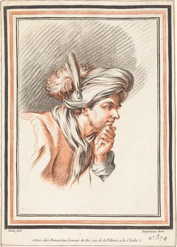 Head of a Man Wearing a Plumed Turban by Gilles Demarteau the Elder, print, 1722-1776