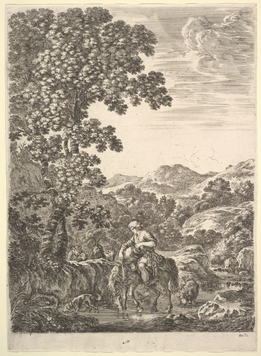 A shepherd on horseback in the middle of a stream, dogs, goats and cows follow, a large tree to left and mountains to right in the background, from "Four large landscapes" (Quatre grands paysages en hauteur) by Stefano della Bella, print, 1652-1657