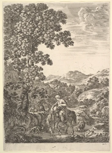 A shepherd on horseback in the middle of a stream, dogs, goats and cows follow, a large tree to left and mountains to right in the background, from "Four large landscapes" (Quatre grands paysages en hauteur) by Stefano della Bella, print, 1652-1657
