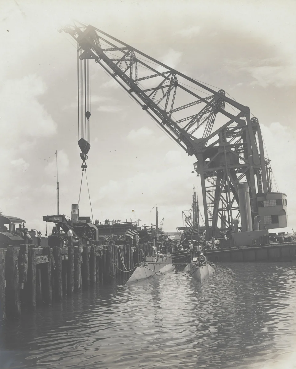 Floating crane "Ajax" test. 150 tons luffed out overside at rated reach by Unidentified Photographer, photograph, 1915