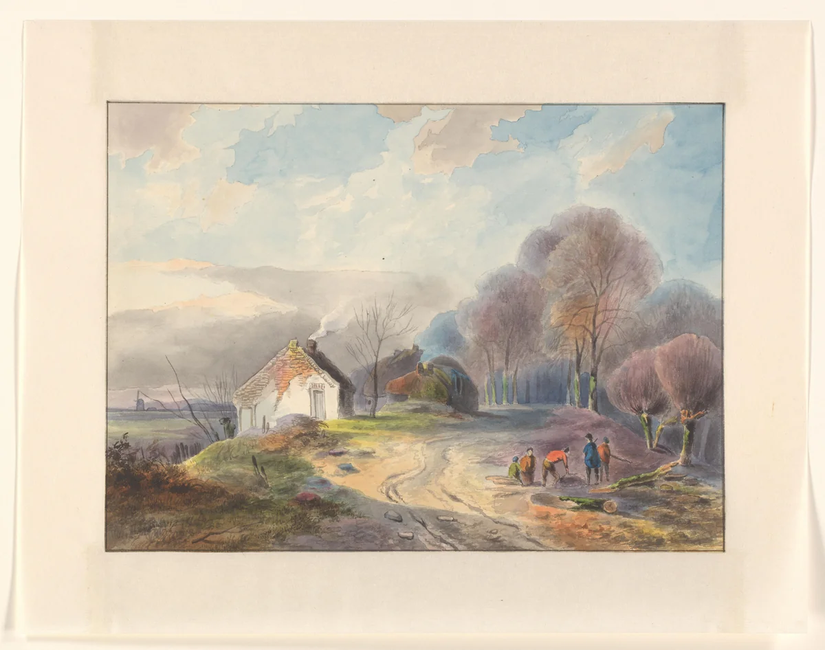 Weg over een dijk met bomen en huizen by Johannes van Reijn, drawing, 1800-1900